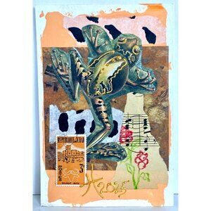 Croakin 1 Original Frog Collage Painting Wall Art Matted 8x10in Frame Ready